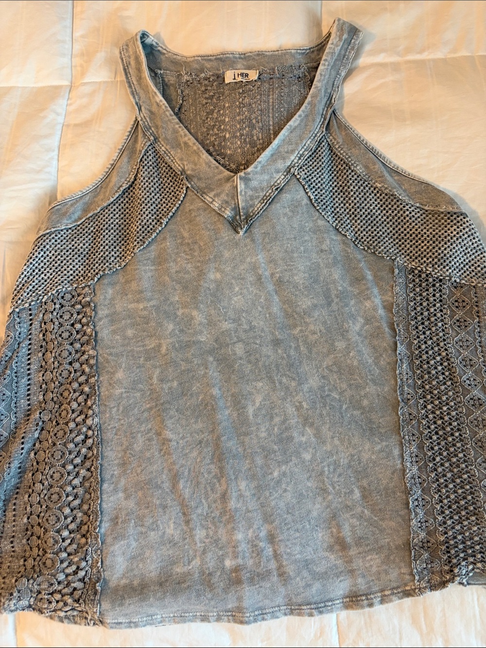 Washed Blue Crochet-Trim Cold Shoulder Tank Top